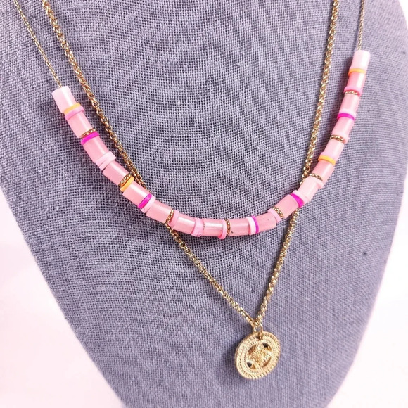 Delicate Necklace Set Pink Minimal Beachy Beaded Gold Tone Charm Coin 2 … - Picture 6 of 10